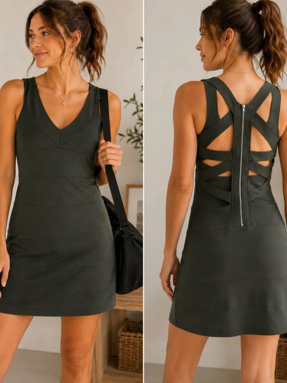 Strappy Back V-Neck Sleeveless Dress in Dark Green
